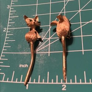 Vintage gold tone, cat and mouse, brooch, duo, brush, gold rhinestone eyes